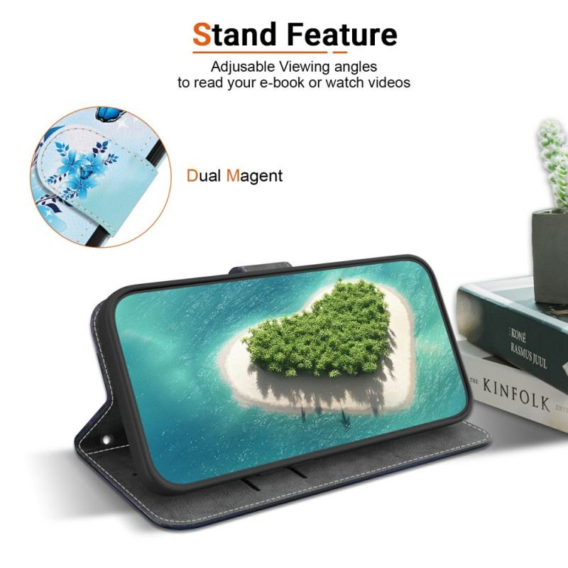 Läderfodral Xiaomi 15t Telefonfodral Blått Fjärilstryck