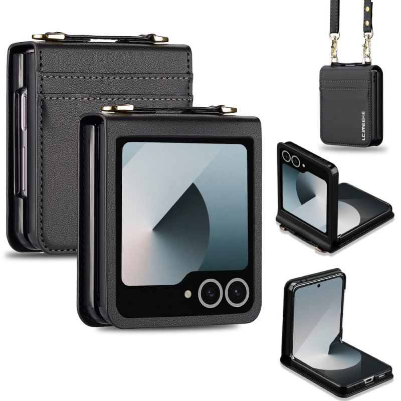 Fodral Samsung Galaxy Z Flip 7 Korthållare Och Axelrem I Läderstil
