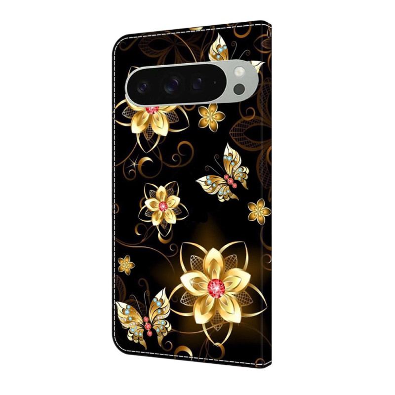 Läderfodral Google Pixel 10 Pro Xl Telefonfodral Guldfärgade Blommor Och Fjärilar