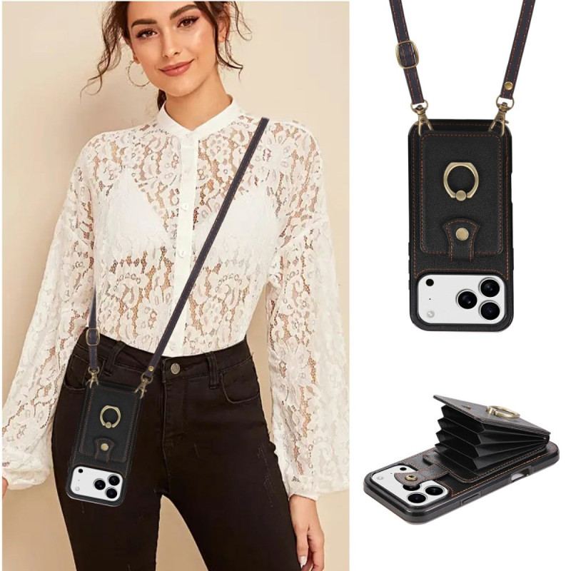 Skal iPhone 17 Pro Max Lädereffekt Med Korthållare Och Handledsrem