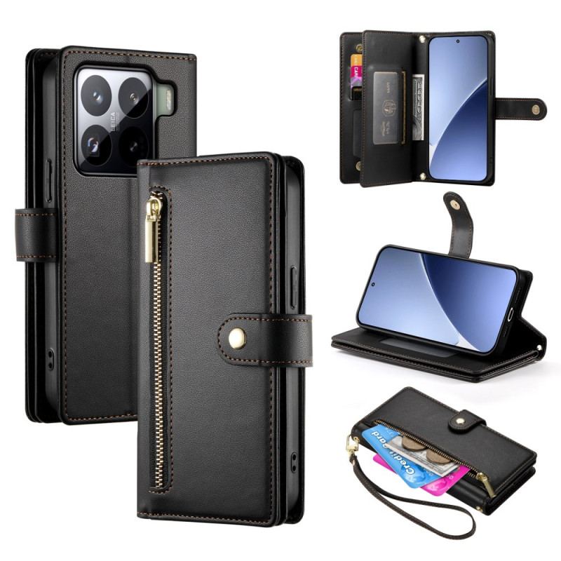 Läderskal Fodral Xiaomi 15 Pro Plånbok Med Rem Och Axelrem