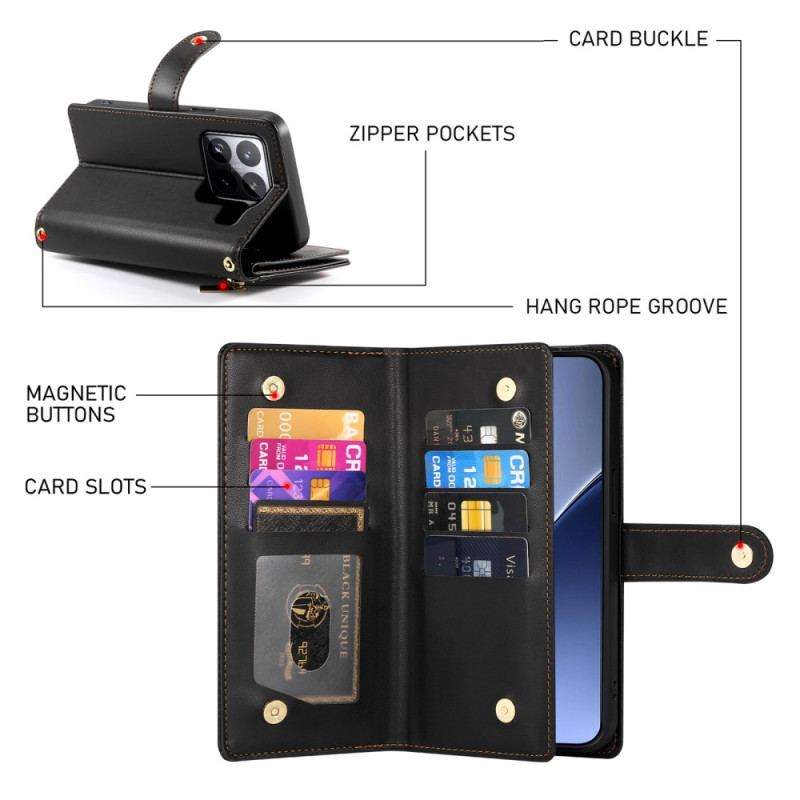 Läderskal Fodral Xiaomi 15 Pro Plånbok Med Rem Och Axelrem