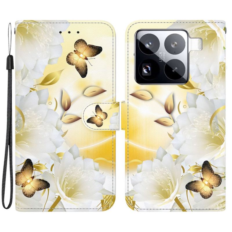 Skyddsfodral Xiaomi 15 Pro Guldfärgade Fjärilar Och Vita Blommor