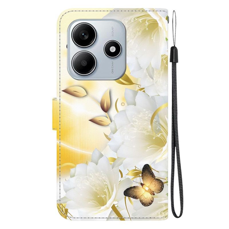 Fodral Xiaomi Redmi Note 14 5g Guldfärgade Fjärilar Och Vita Blommor