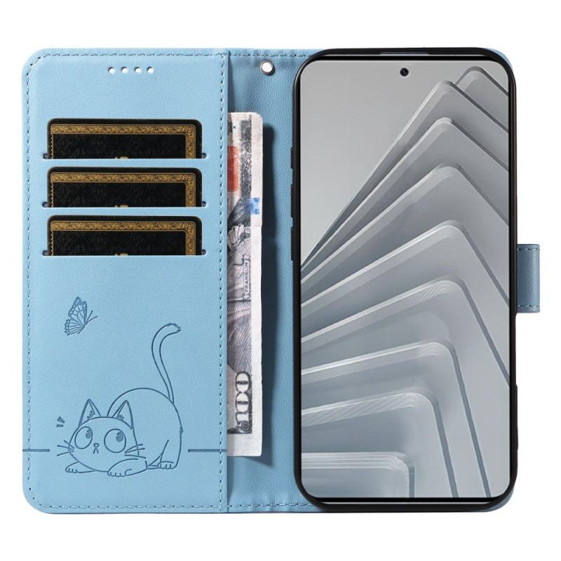 Läderfodral Xiaomi Redmi Note 14 4g Telefonfodral Rolig Katt Med Rem