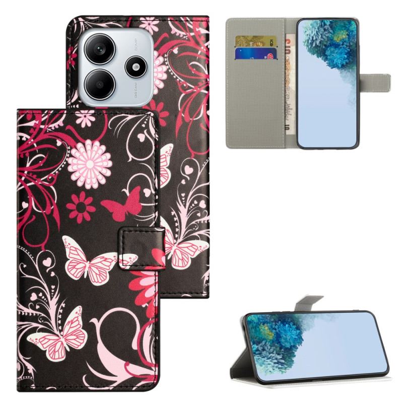 Läderskal Fodral Xiaomi Redmi Note 14 4g Fjärilar På Svart Bakgrund