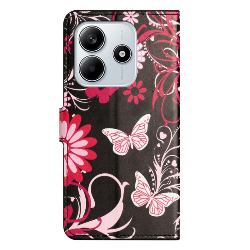 Läderskal Fodral Xiaomi Redmi Note 14 4g Fjärilar På Svart Bakgrund