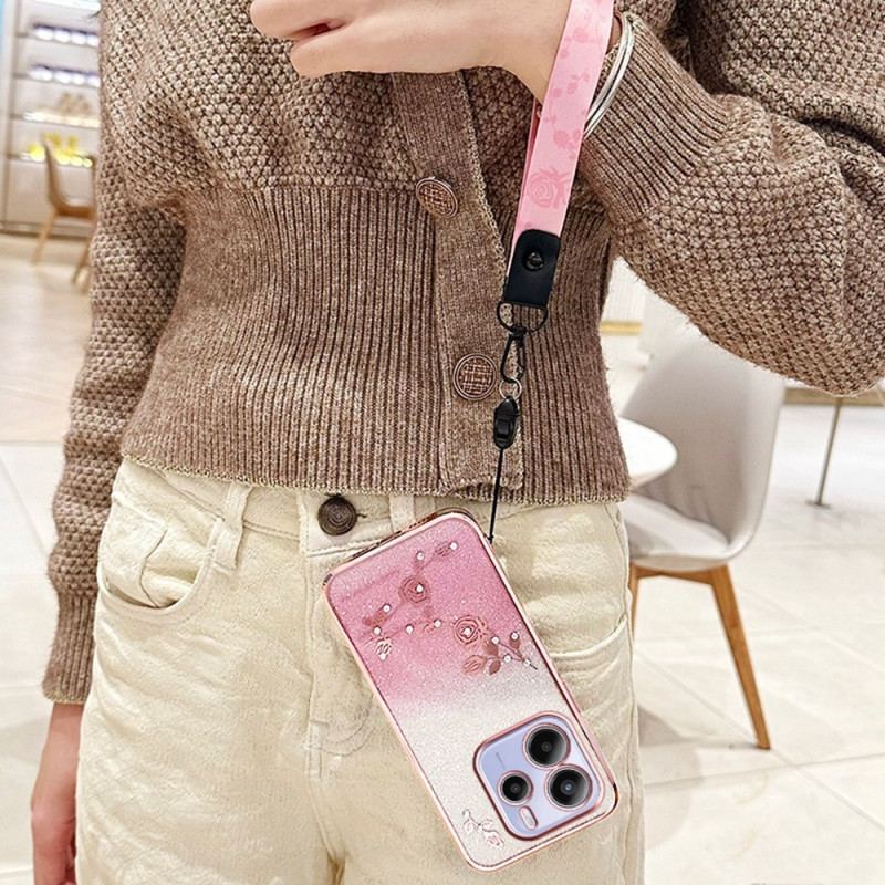 Skal För Xiaomi Redmi Note 14 4g Strass Och Blommor Med Snodd