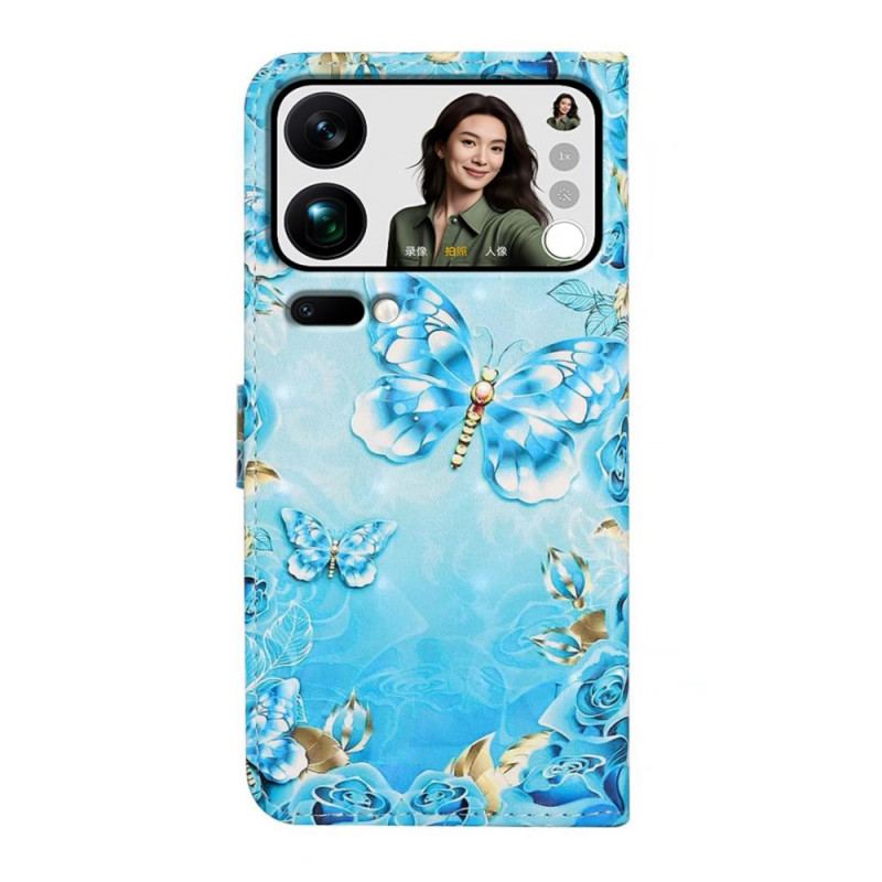 Läderskal Fodral Xiaomi 17 Pro Max Fjärilar Och Diamanter