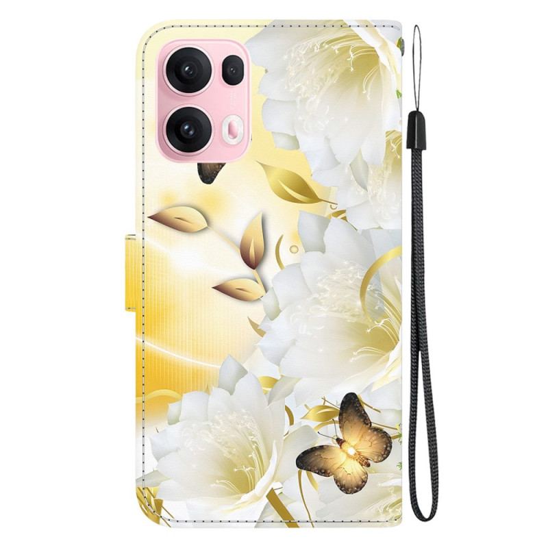 Läderskal Fodral Oppo Reno 13 Pro 5g Vita Fjärilar Och Vita Blommor