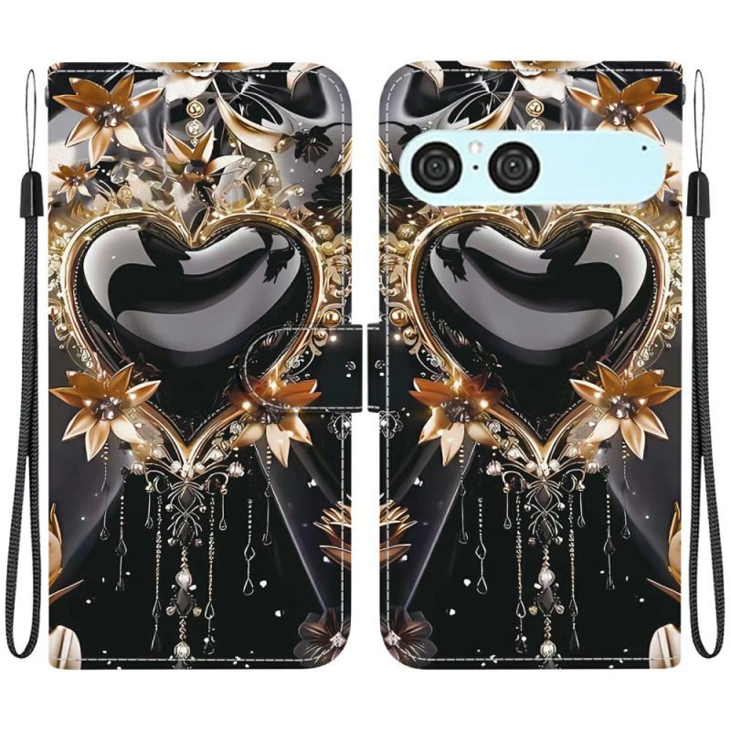 Fodral För Sony Xperia 10 Vii Svart Och Guld Hjärta