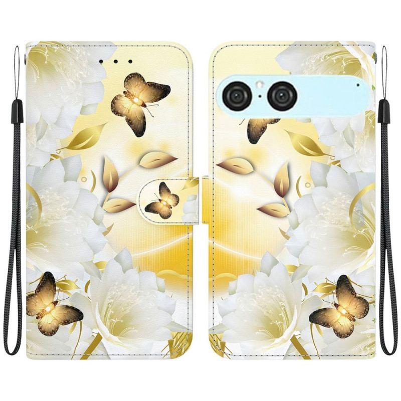 Läderfodral Sony Xperia 10 Vii Telefonfodral Guldfjärilar Och Vita Blommor