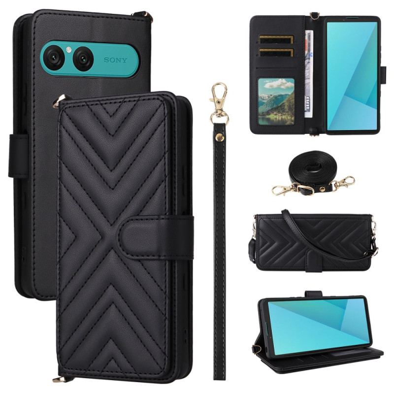 Läderskal Fodral Sony Xperia 10 Vii Quiltad Med Rem Och Handledsrem
