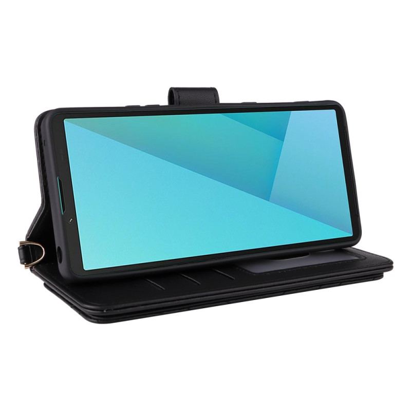 Läderskal Fodral Sony Xperia 10 Vii Quiltad Med Rem Och Handledsrem