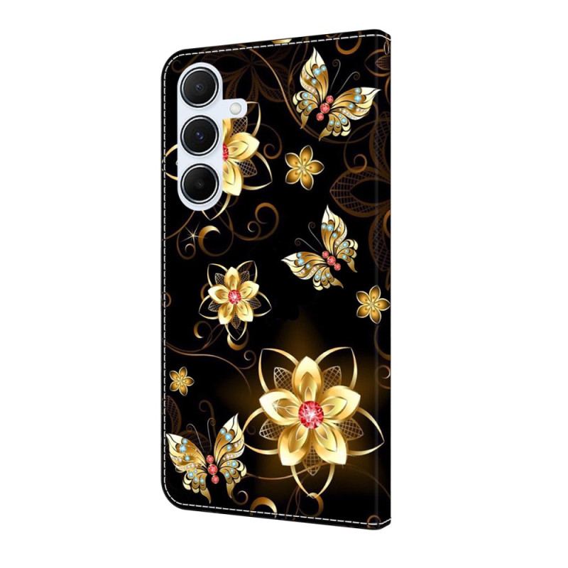 Läderskal Fodral Samsung Galaxy A17 4g / 5g Guldblommor