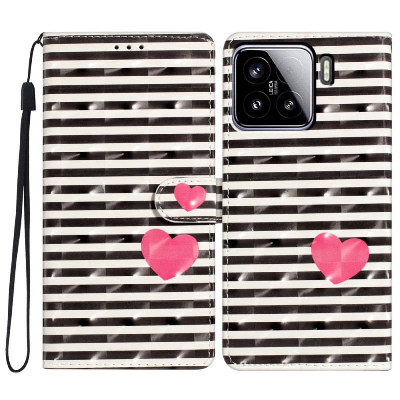 Läderfodral Xiaomi 15 Telefonfodral 3d-ränder Och Hjärtan