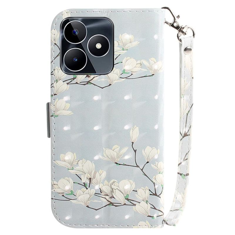 Läderfodral Realme C53 Telefonfodral Magnoliahållare Med Snodd