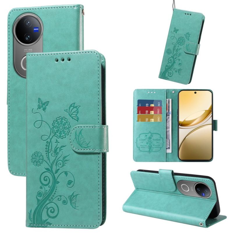 Läderfodral Vivo V50 5g Telefonfodral Blommigt Fjärilsmönster