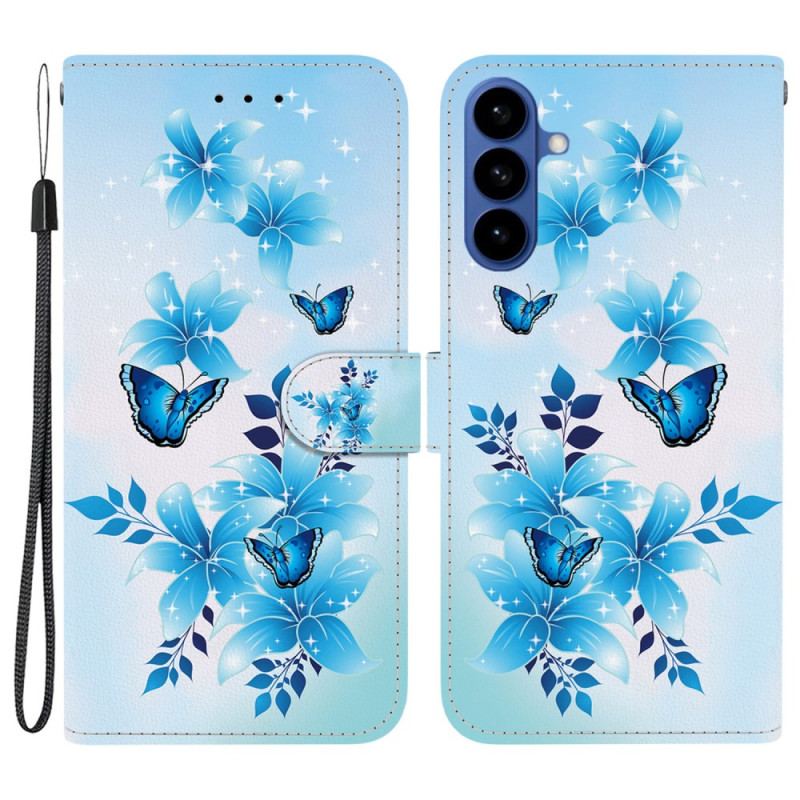 Fodral För Samsung Galaxy S26 Blå Fjärilar Och Blommor