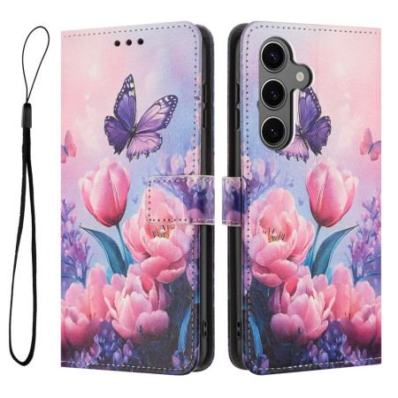 Läderfodral Samsung Galaxy S26 Telefonfodral Fjäril Och Rosa Blommor