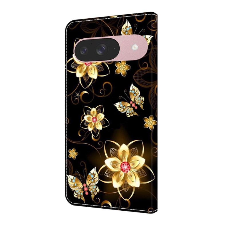 Läderfodral Google Pixel 10 / 10 Pro Telefonfodral Gyllene Blommor Och Fjärilar