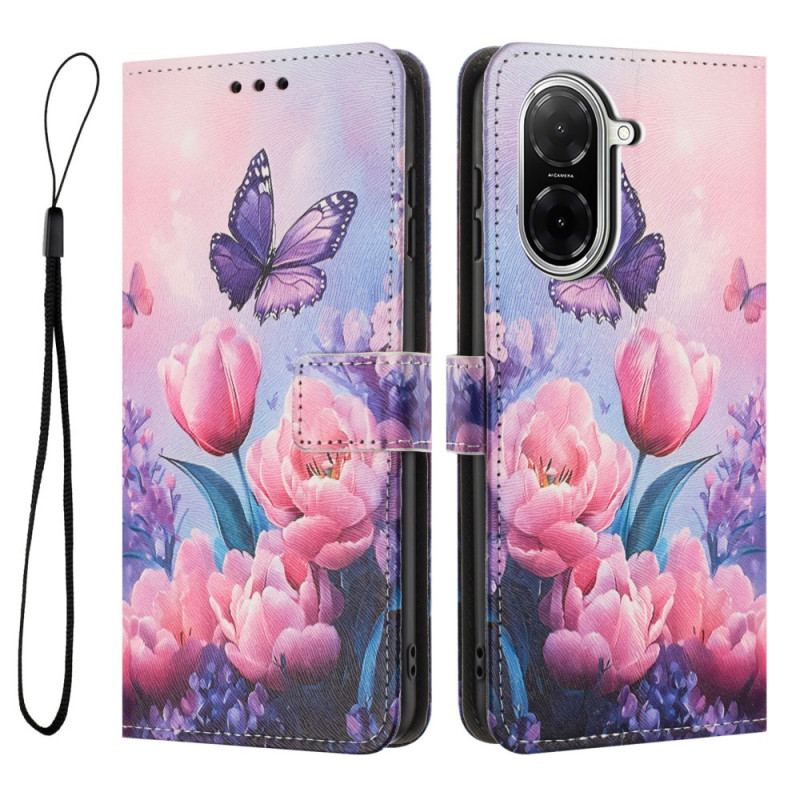 Läderfodral Poco C71 Telefonfodral Fjärilar Och Rosa Blommor