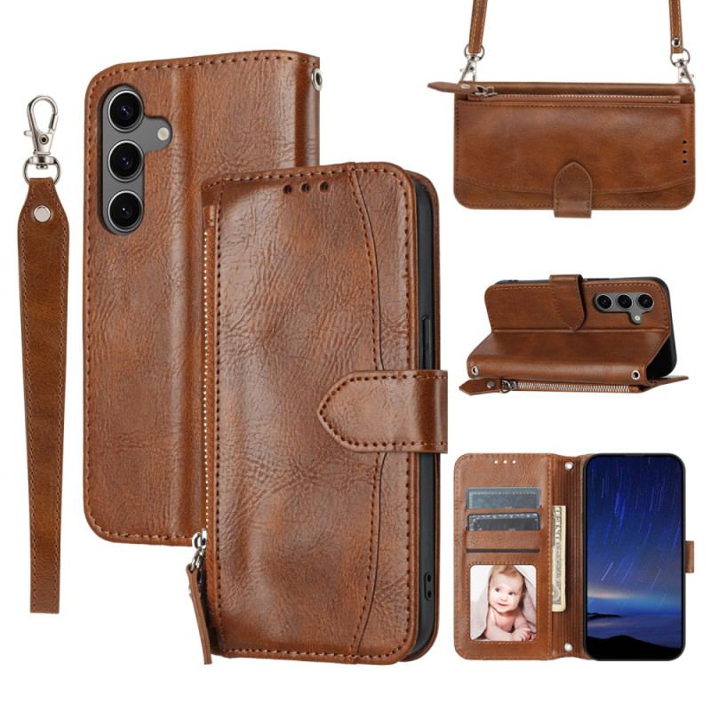 Läderfodral Samsung Galaxy S25 Plus 5g Telefonfodral Ficka Med Dragkedja Och Axelrem