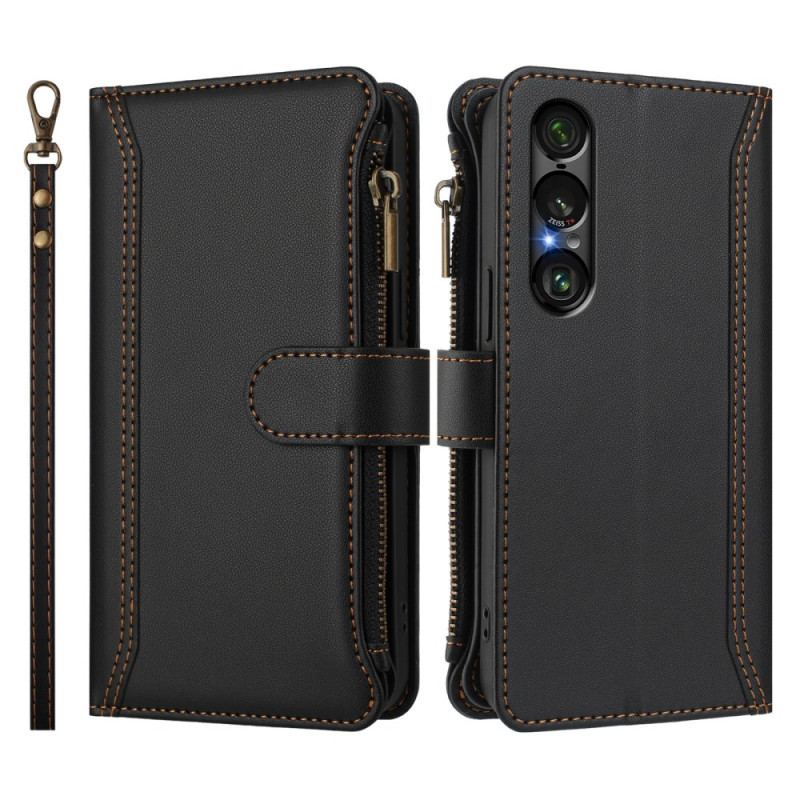 Läderfodral Sony Xperia 1 Vii Telefonfodral Plånbok Med 9 Kortfack Och Rem