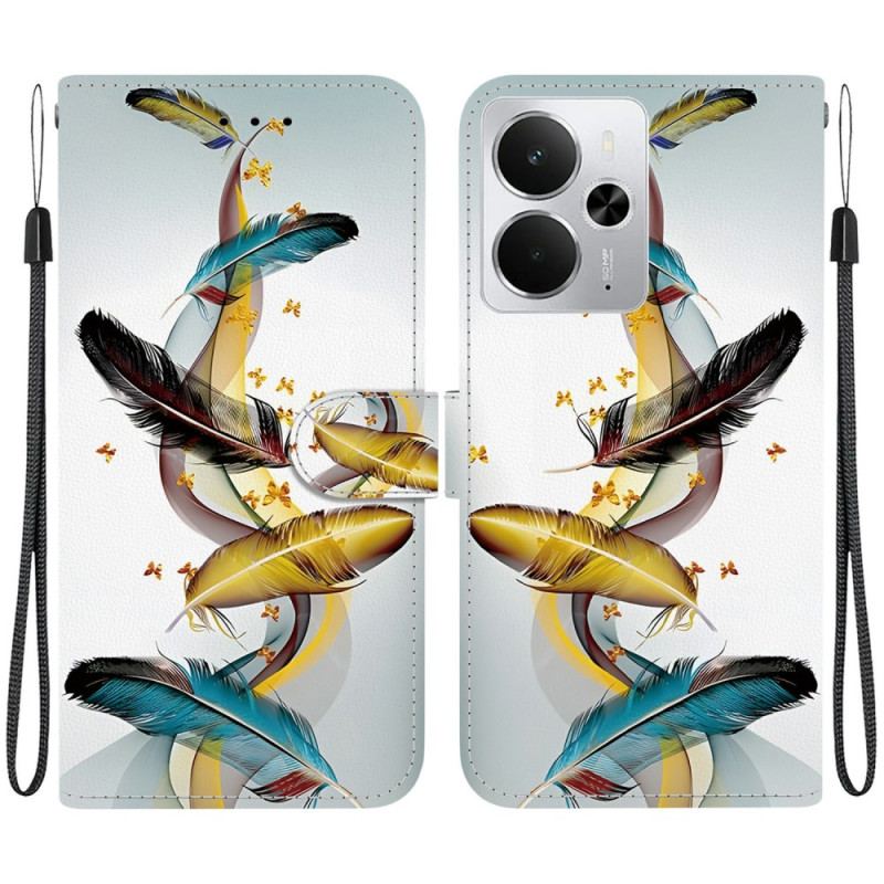 Läderskal Fodral Realme 14 5g Fjädrar Och Fjärilar